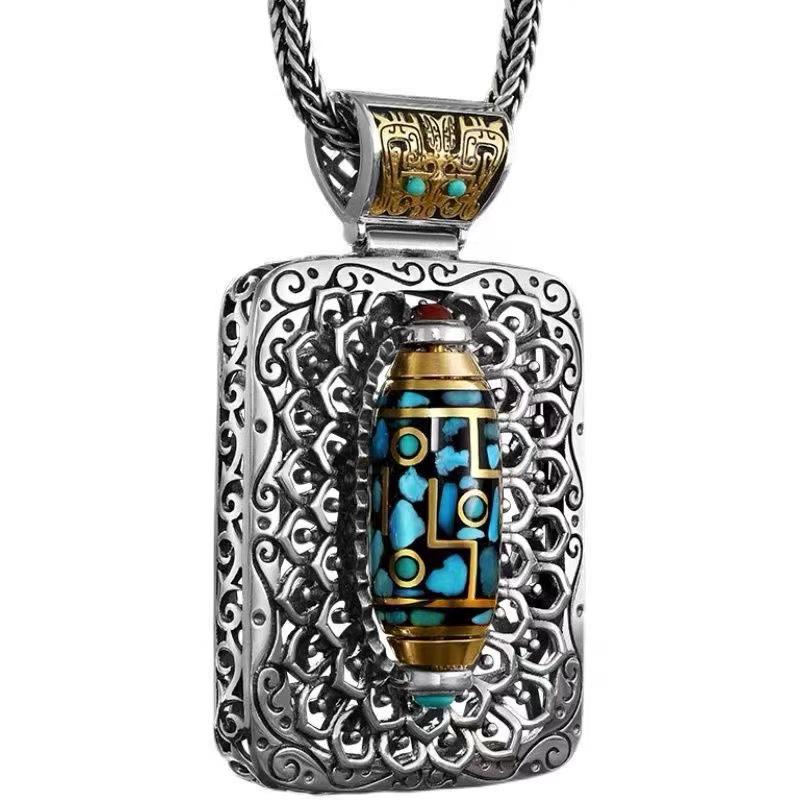 National Tibetan-Style Turquoise Nine-Eye Dzi Necklace with Dripping Glue Taotie Pendant for Men