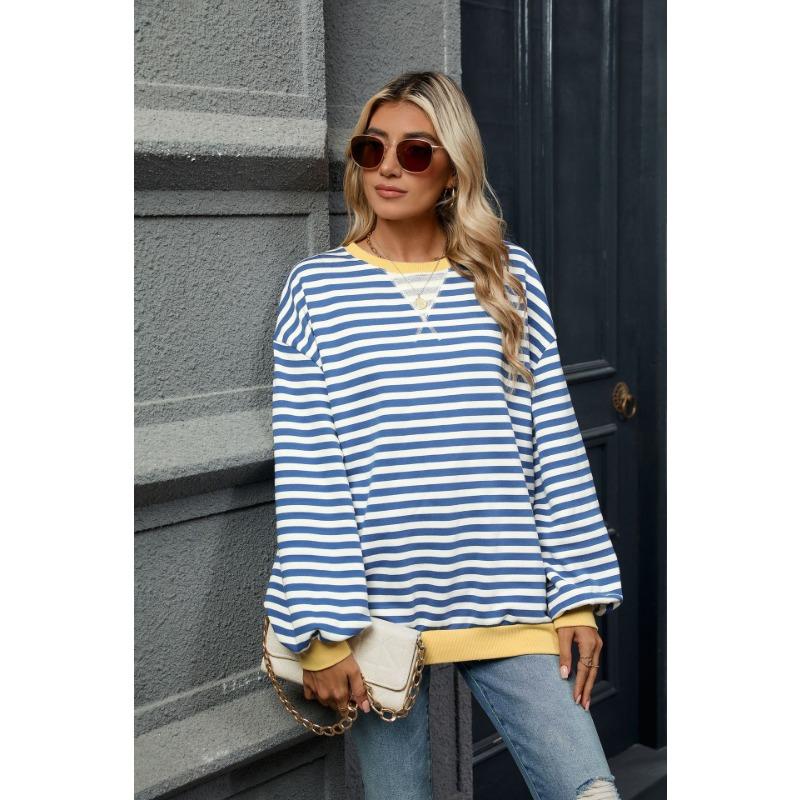 Осенне-зимняя женская толстовка с круглым вырезом и длинными рукавами в полоску, с яркими цветовыми сочетаниями