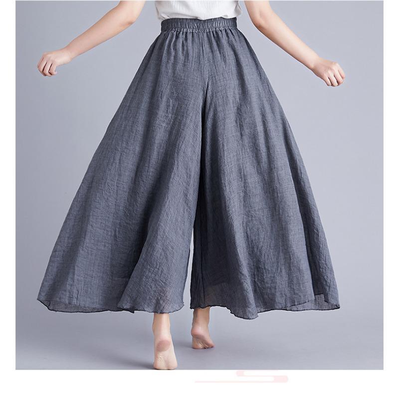Летние женские брюки Художественные Большого размера Хлопковые и льняные Брюки-юбка с широкими штанинами Льняная юбка Эластичная талия Однотонные Этнический стиль Брюки-юбка
