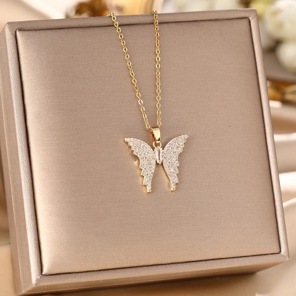 Korean Butterfly Tassel Luxury Diamond Titanium Steel Necklace - Women's Versatile Clavicle Jewelry