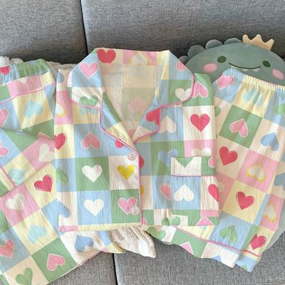 Весенне-летняя цветная дофаминовая пижама из облачного хлопка, женский летний кардиган с коротким рукавом, трехпредметная домашняя одежда