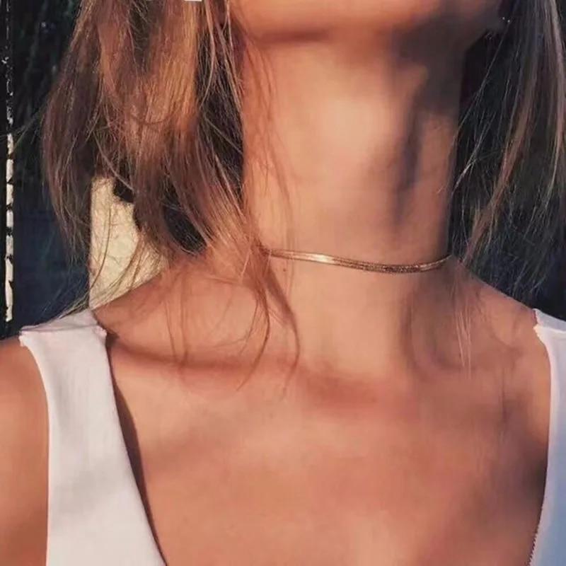 Fashion Vintage Snake Chain Necklace Men Women Unisex Collar Choker Gold Silver Color Flat Snake Chain Necklace Trendy Jewelry