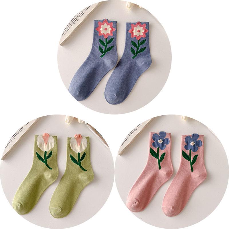 3 пары хлопковых женских носков, повседневные, дышащие, в японском и корейском стиле, с мультяшным цветочным принтом, конфетных цветов, модные женские носки средней длины