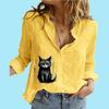 Women Fashion Buttoned Long Sleeve Shirt Ladies Casual Thin Cotton Linen Top Stand-collar Cat Print Long Sleeve Blouse