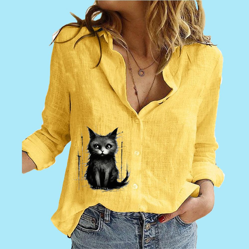 Women Fashion Buttoned Long Sleeve Shirt Ladies Casual Thin Cotton Linen Top Stand-collar Cat Print Long Sleeve Blouse