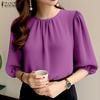Women Casual Round Neck Solid Color Loose 3/4 Sleeve Blouse