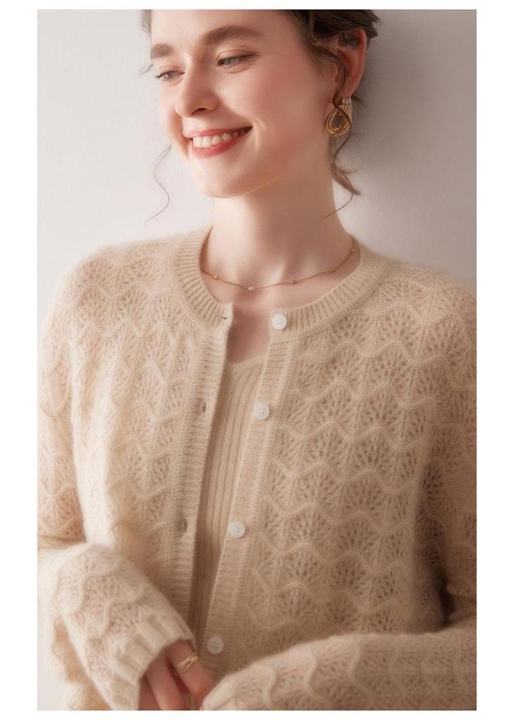 2025 A/W Women's Round Neck Wave Pattern 100% Cashmere Cardigan Sweater