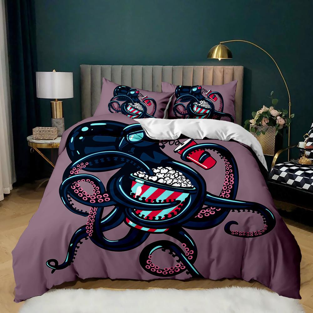 Cartoon Octopus Duvet Cover Set King Queen Size Sea Animal Bedding Set Red Blue 3D Print Microfiber Polyester Comforter Cover
