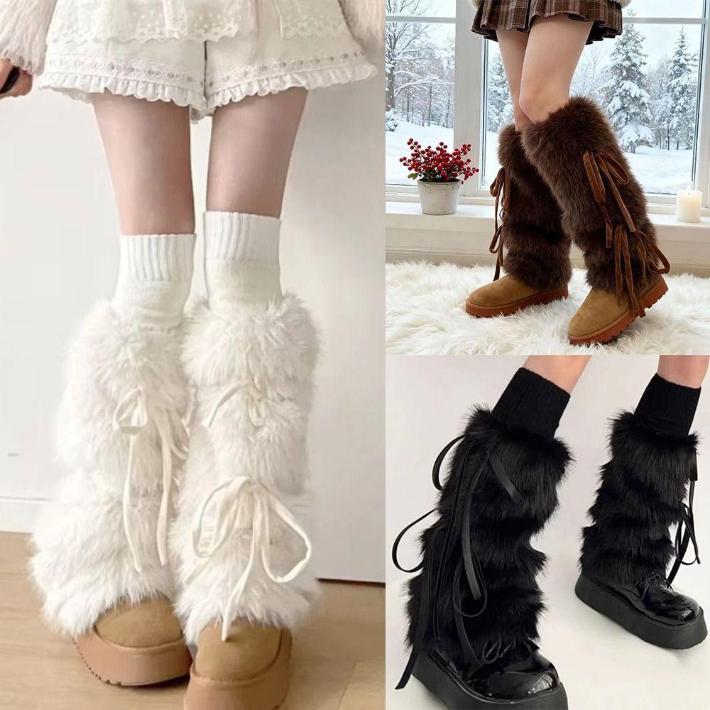 Fuzzy Plush Boot Cuffs Bowknot Ribbon Plush Stockings JK Boot Cover  Sweet Harajuku Style
