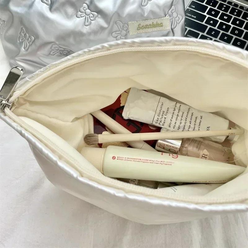 Корейская стеганая косметичка из ПУ с бантом-сердечком, сумка-пенал для средств по уходу за кожей, внутренний карман, многофункциональная сумка для хранения макияжа, помады, сумочка