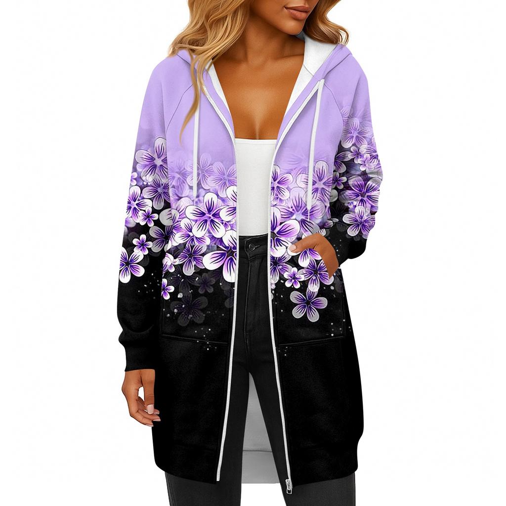 Women's Fashionable Printed Long Sleeved Drawstring Hooded Zipper Pocket Long Casual Sweatshirt Jacket