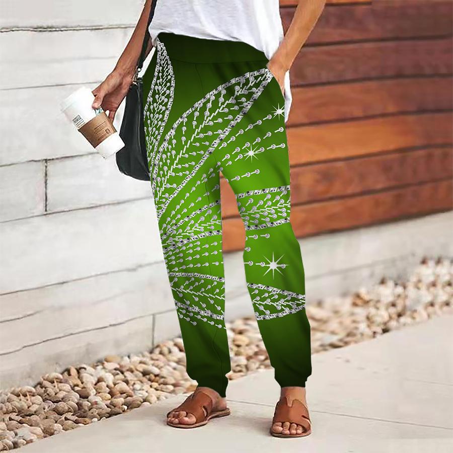 Women Flash Diamond Printing Pants Lace Up Elastic Waist Loose Trousers Casual Long Pants Trousers with Pockets