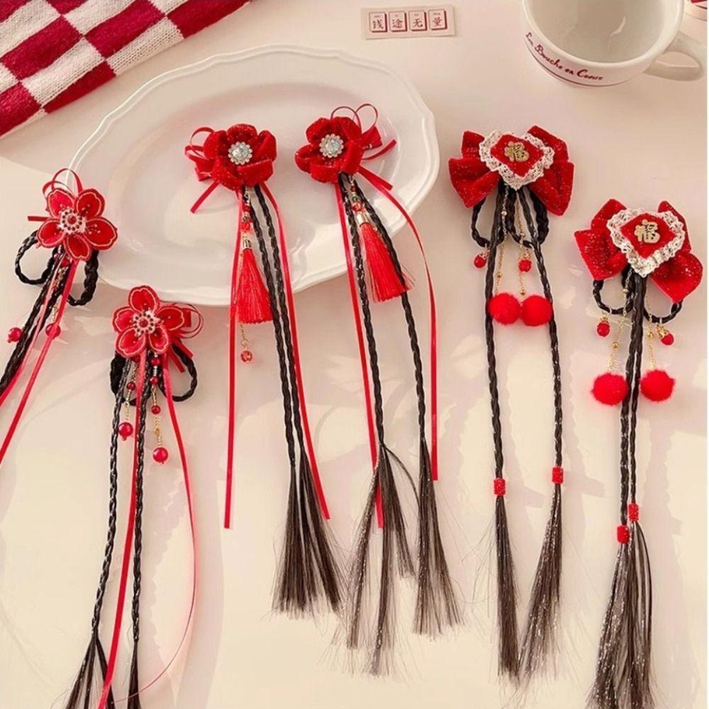 2pcs Hanfu Headdress Children Red Hairclip Flower Tassel Bow Wig Braid Hairpin New Year Headwear