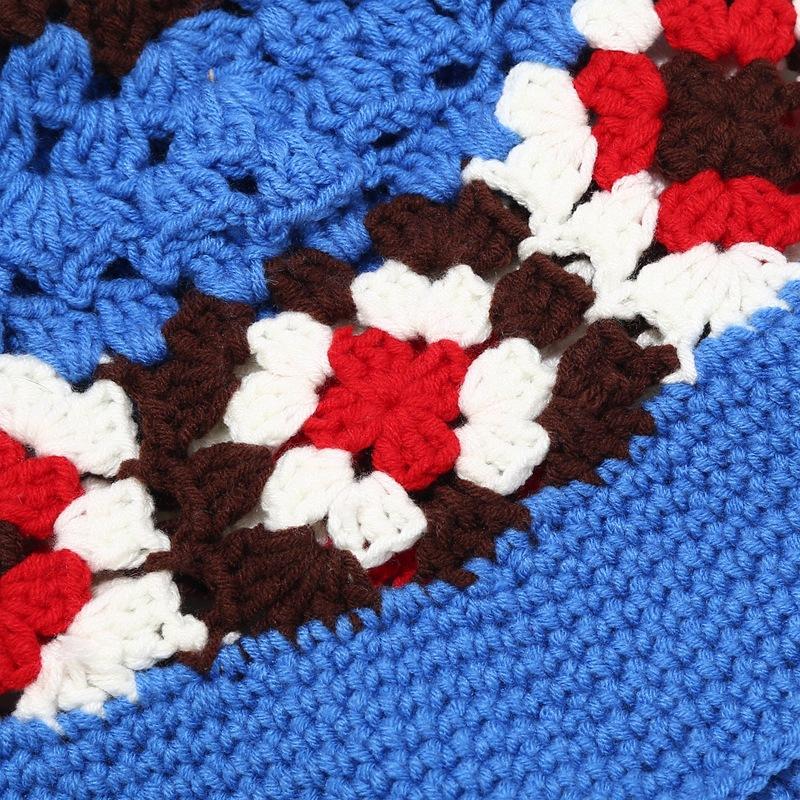 Artistic Bucket Hat - Color Block Knit with Floral Embellishments Foldable & Packable Vacation Style Crochet Hats