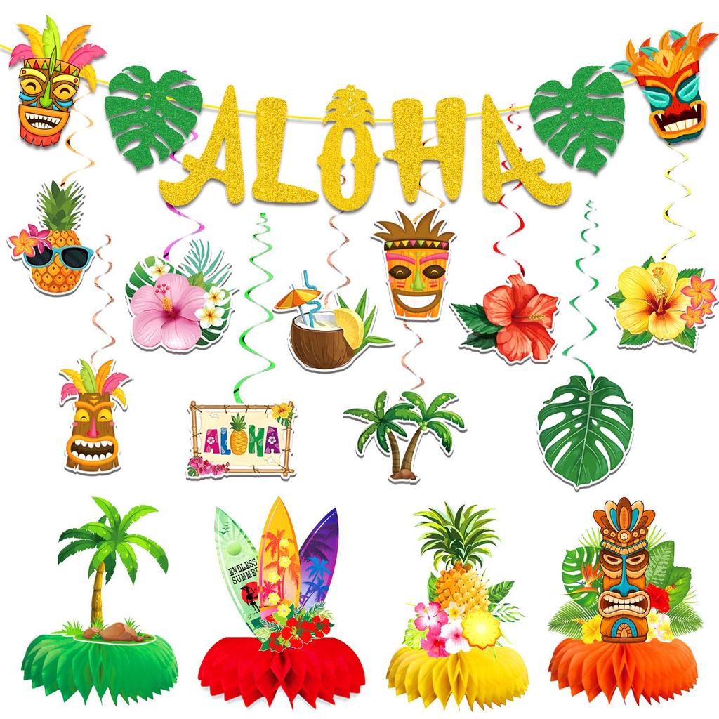 ALOHA Гавайская Тема Летние Украшения для Вечеринки: Баннер, Подвесные спирали и Сотовые украшения