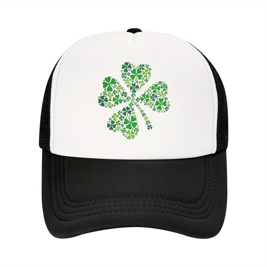 Four Leaf Clover Trucker Hat Breathable Mesh Baseball Cap Green Print Casual Adjustable Unisex Adult