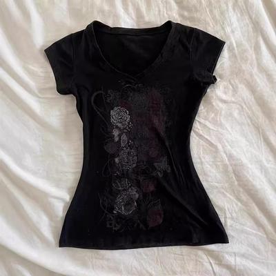 Ретро футболка с черным принтом - 210 г чистый хлопок, приталенный крой, с линией талии, уникальный дизайн, темпераментный стиль, 40-е