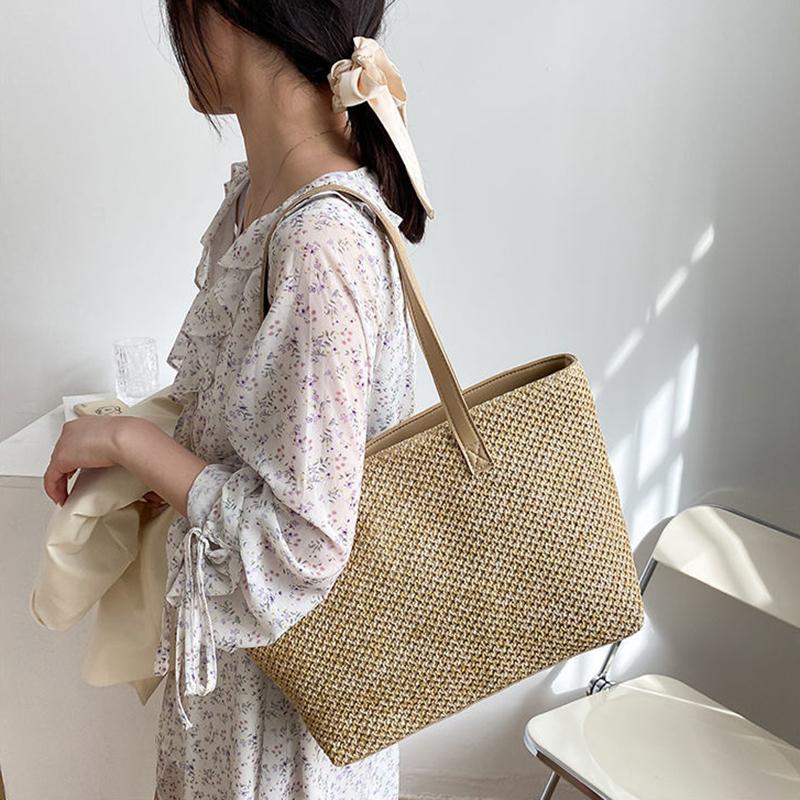 Yogodlns Летняя соломенная сумка, женская большая вместительная плетеная сумка-тоут, пляжная сумка ручной работы из ротанга, женская соломенная сумка на плечо для отпуска, сумка