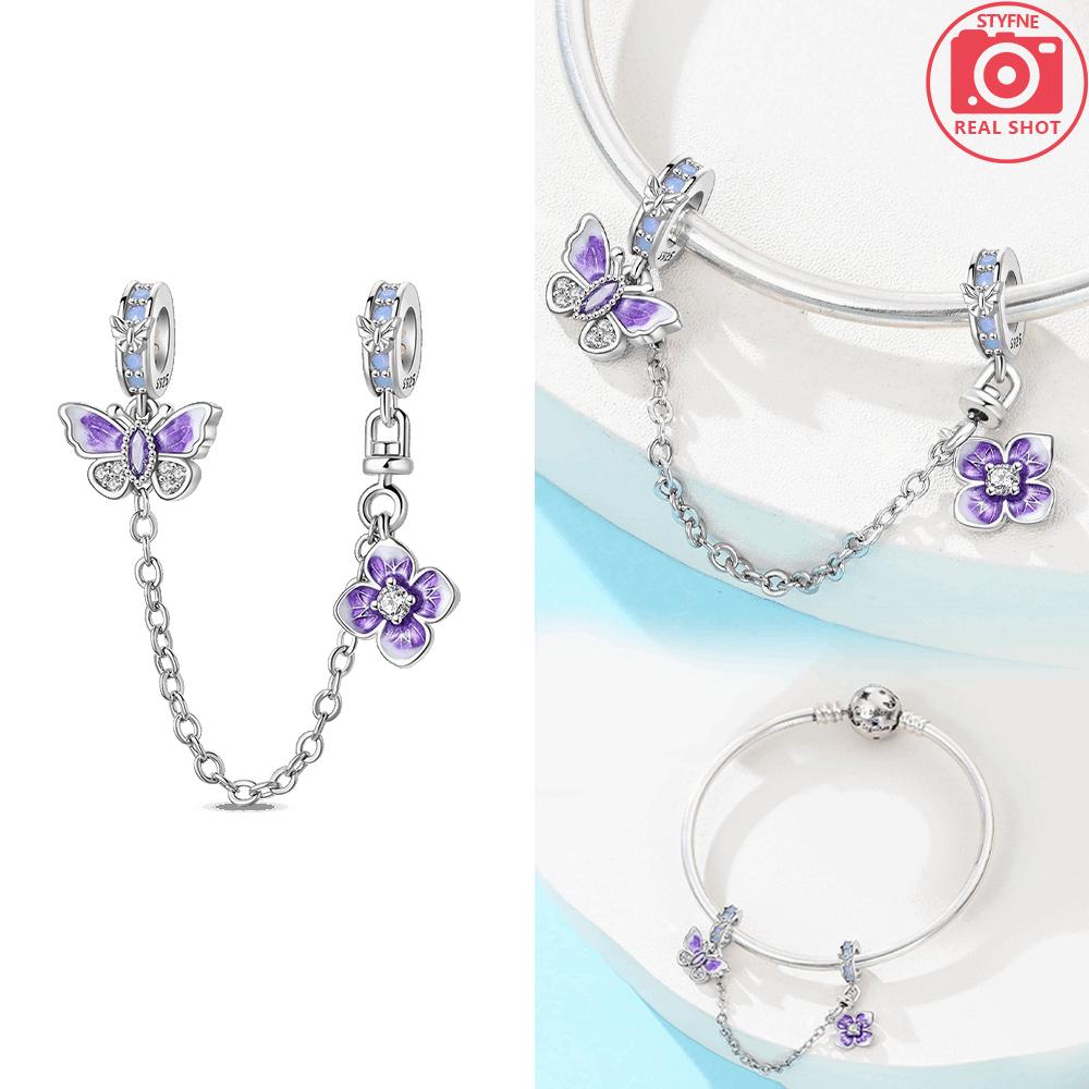925 Silver Classical Purple Butterfly Flower Cat Fixed Chain Bear Couple Bead Fit Bracelet Women Jewelry Diy Accessory