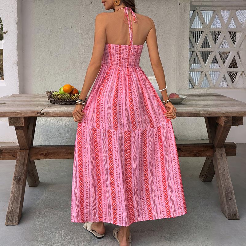 Women's Fashion Summer Spring Geometric Print Sleeveless Hanging Neck High Waist Casual Dresses