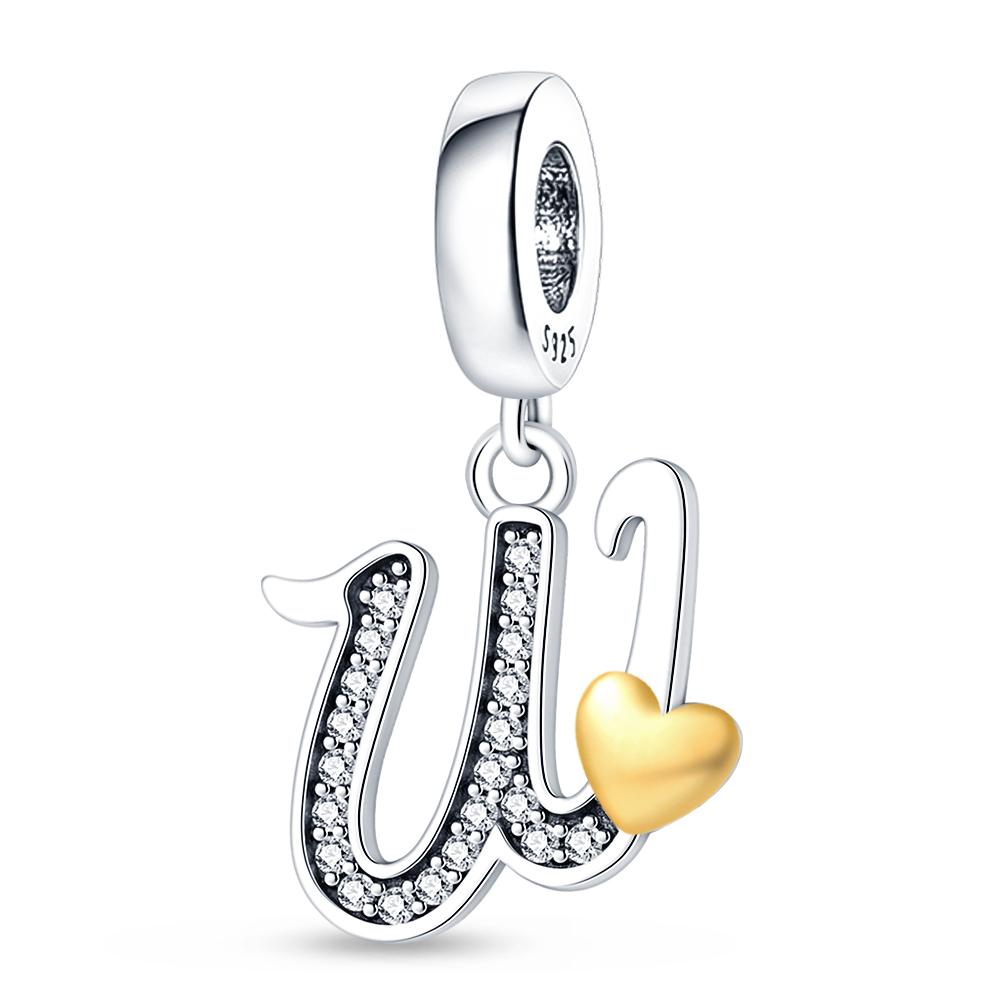 Fit 3mm 925 Bracelets 925 Silver Color 26 Gold Heart Zircon Letter Charms Beads DIY Creative Birthday Jewelry Gifts