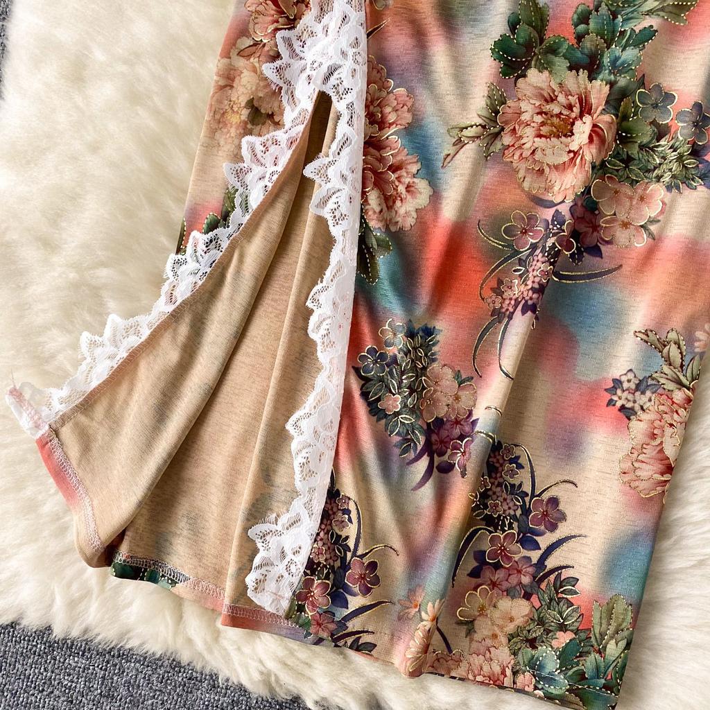 Женское платье без рукавов с кружевом и разрезом на пуговицах, тонкие платья Cheongsam с принтом