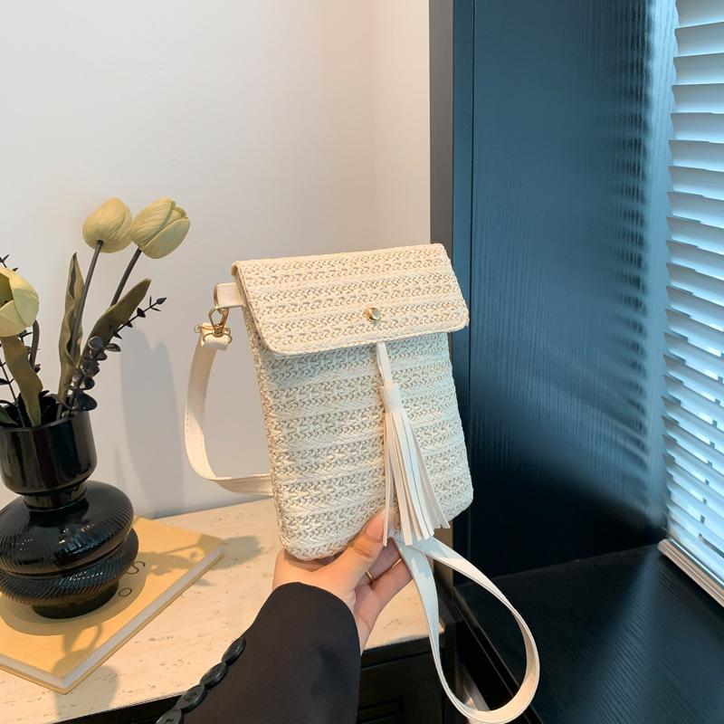 Mobile Phone Bag Fashion Small Square Bag Ethnic Style Fringed Shoulder Bag Textured Straw Woven Messenger Bag