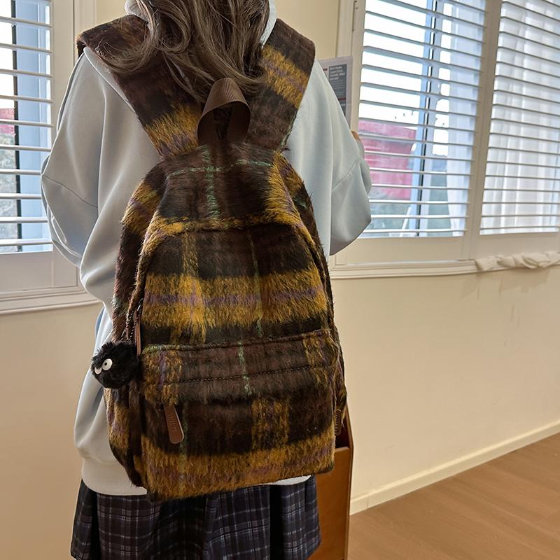 Шерстяной клетчатый школьный рюкзак для студента, большой вместимости, женский рюкзак