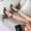 One-word Buckle Sandals King Black Women's Shoes Stiletto 2025 New Summer Rhinestone Letter Square Head High Heels