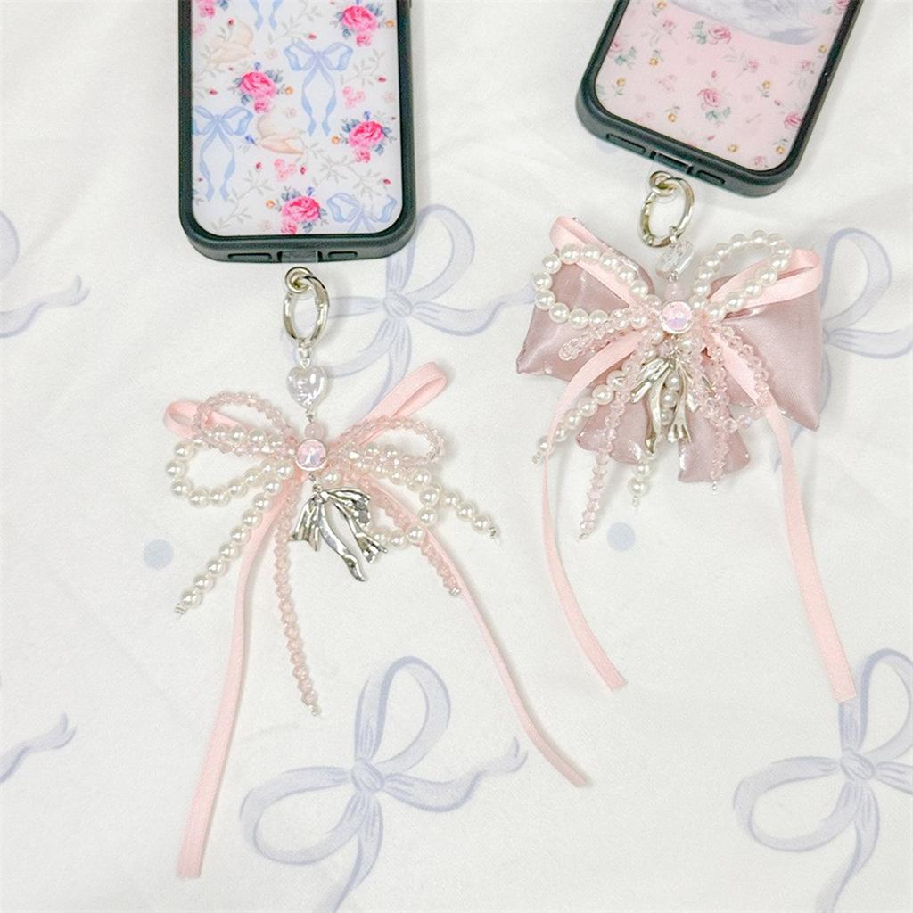 Elegant White Bowknot Keychain With Pearls Accent Sweet Charm Backpack Rings Handmade Jewelry Bag Pendant Gift for Women