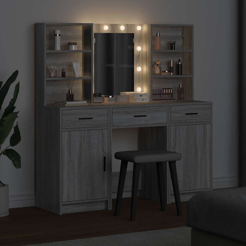 LED Vanity Table Set with Mirror 3 pcs Grey Sonoma Wood Based Material