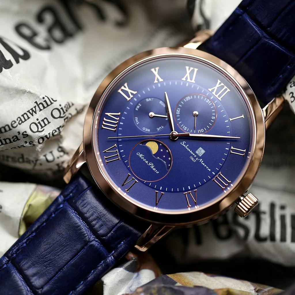 Watch Moon Phase Multi Calendar 5 ATM Water Resistant Business Formal Leather Belt Limited Model Pink Gold Blue [Salvatore Mara] Men's SM21106-PGBL