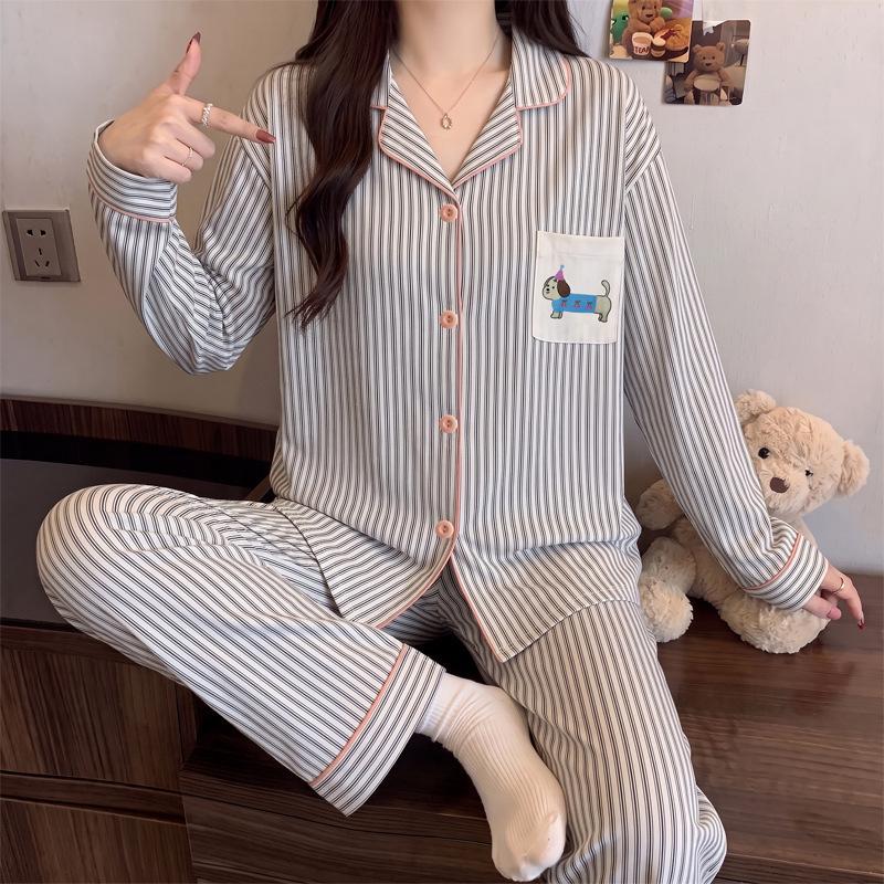 Japanese and Korean style cartoon cute pet pajamas women's autumn new imitation cotton thin loose loungewear long-sleeved two-piece set