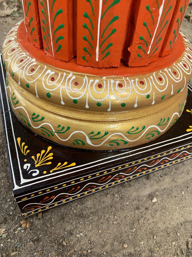 Hand Painted Wooden Chowki Pedestal Table | Indian Folk Art Statue Stand