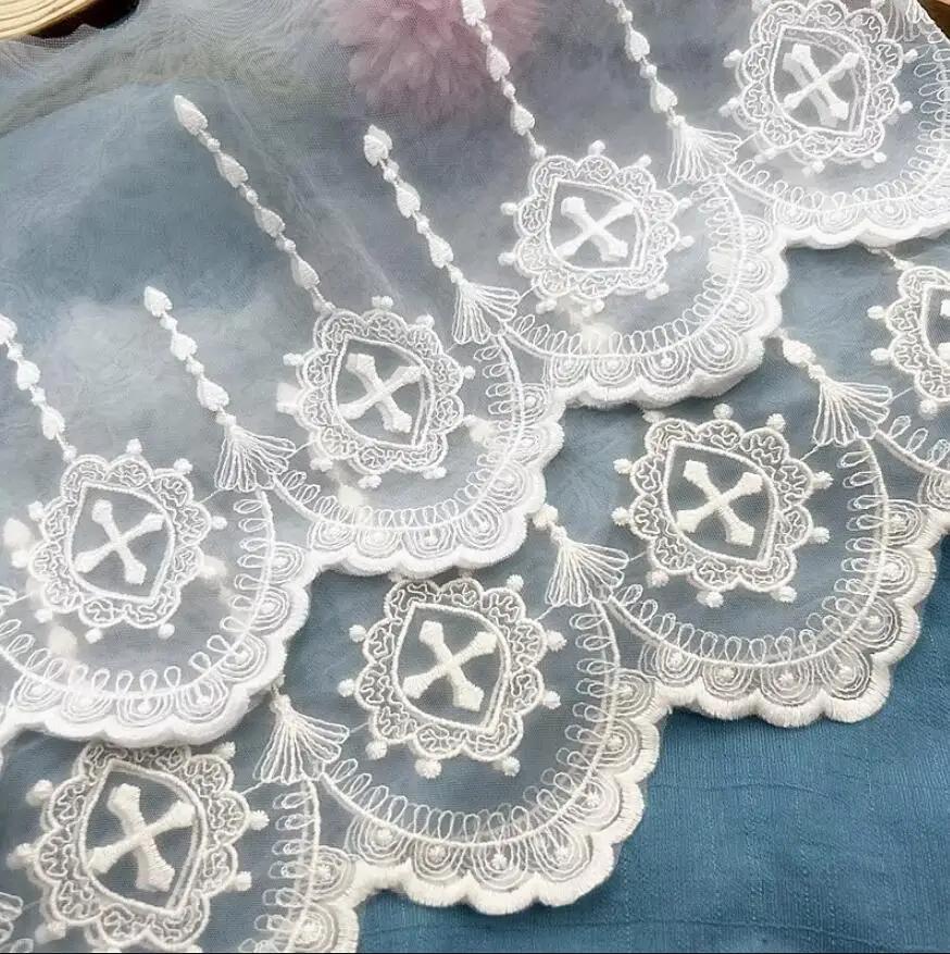 3Yards(2.7Meters)/lot 18cm Wide France Style Apricot/White Wave Edge Mesh Flow Heart Falling Holy Cross Embroidery Lace Trim DIY Clothing Accessories
