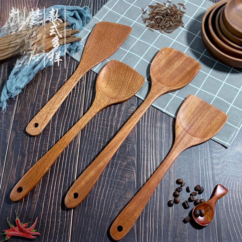 Ebony Wooden Spoon Set - Personalized Long Handle Soup Spoon & Non-Stick Pan Spatula