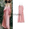 Summer New Product Women's Clothes Ruched Decoration V Neck Straight-leg Hem Silk Satin Texture Length Dress 3684019