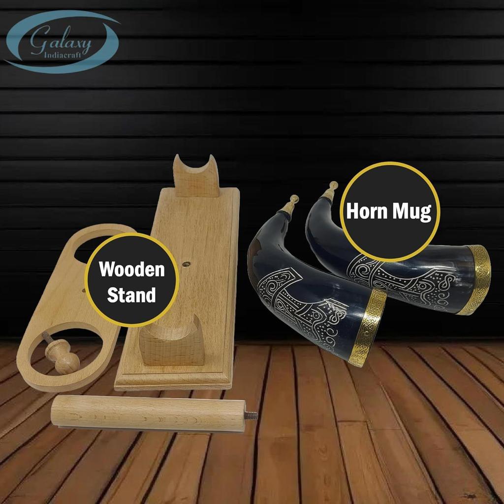 Viking Drinking Handmade Natural OX Horn Cup for Ale, Beer, Mead, Wine | 12 Inch | 100% Leak Free | with Beautiful Wooden Stand (Set of 2)