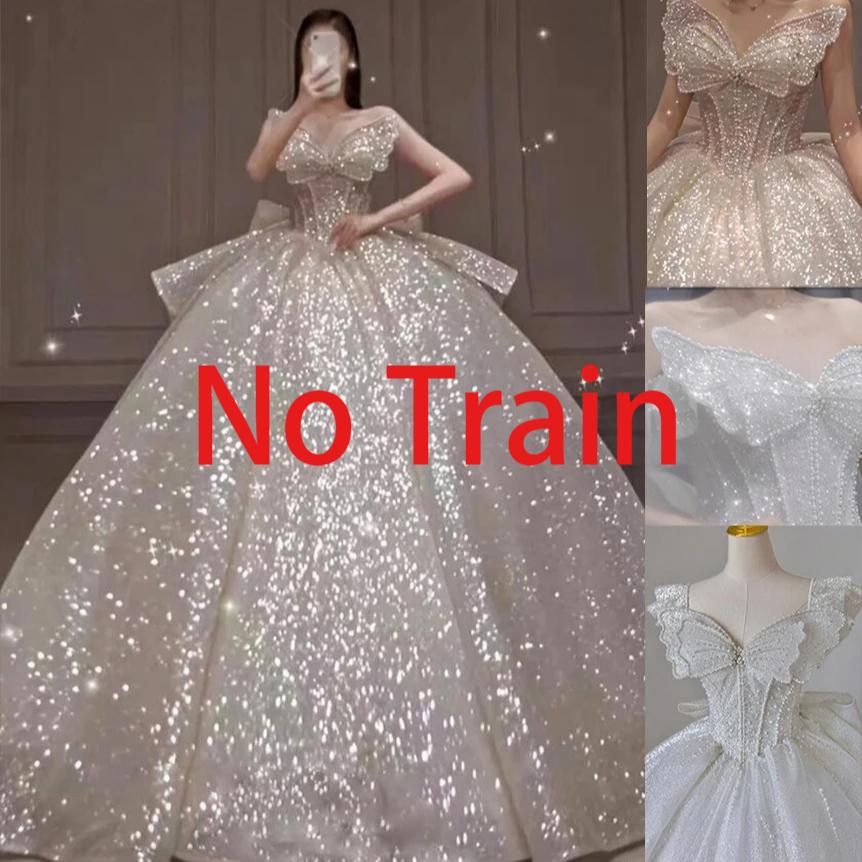 Французский бант Свадебное платье без бретелек - Сверкающее роскошное свадебное платье, Принцесса бальное платье из блестящего тюля с корсетом