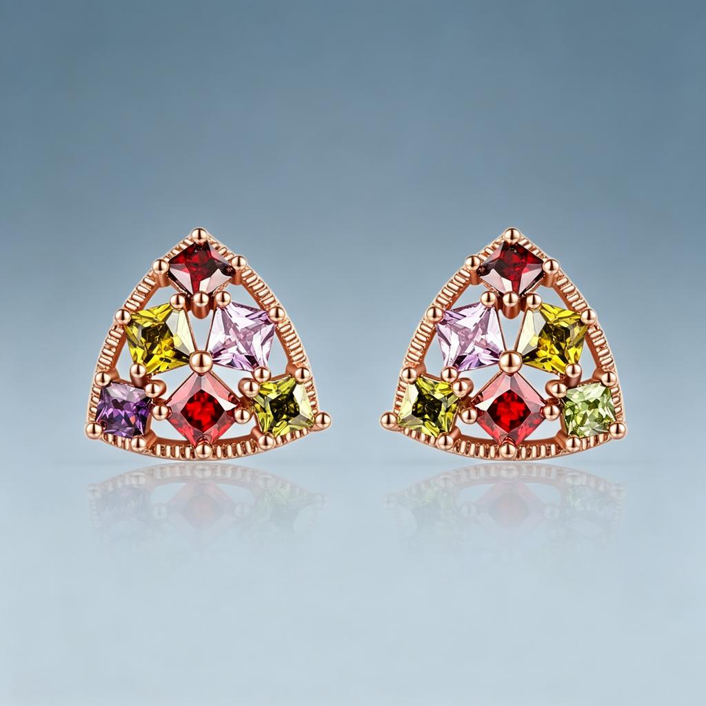 Elegant Female Rainbow Zircon Charm Rose Gold Color Square Triangle Skeleton Stud Earrings For Women Vintage Wedding Jewelry