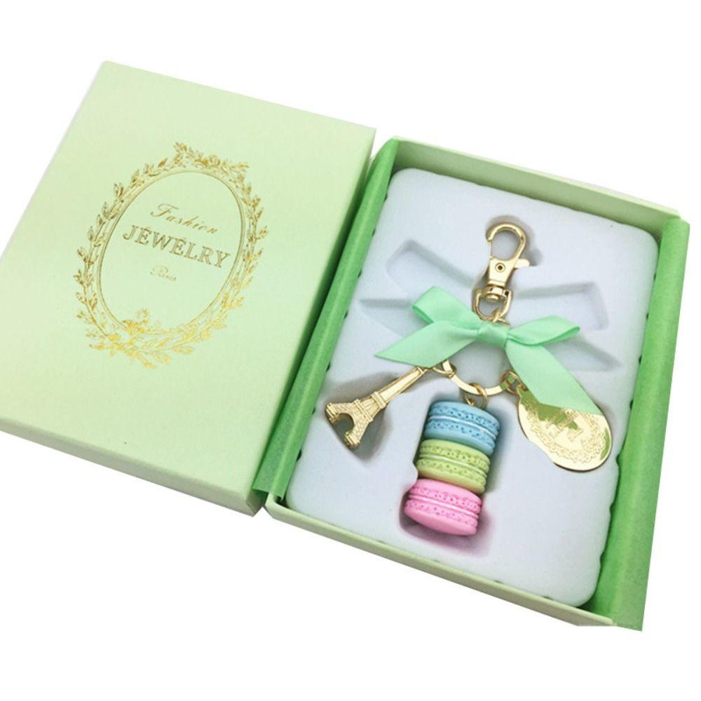 Alloy Bowknot Macaron Cake Pendant Gold Color With Gift Box Eiffel Tower Key Chains Dessert Kawaii Macaron Key Ring Car Key Ring