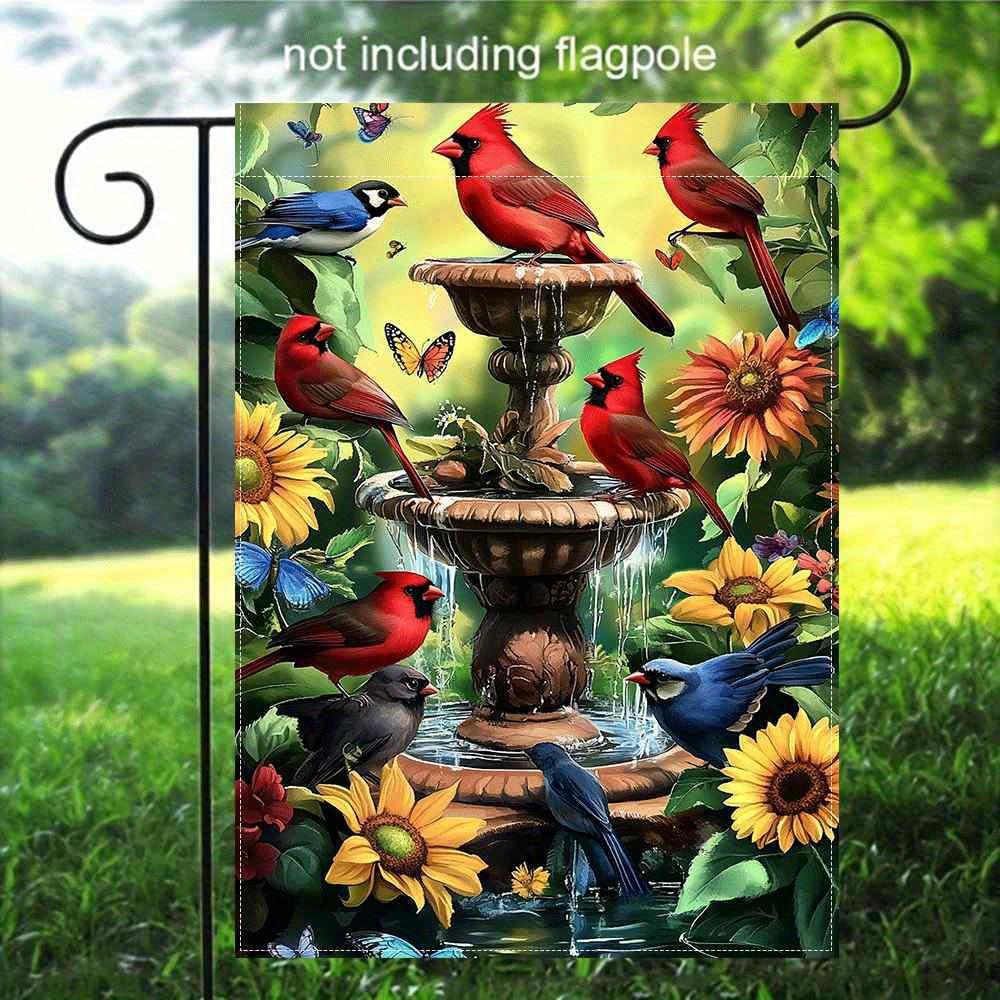 2D Flat, 1pc Double-Sided Printed Garden Flag, Linen Material, No Flagpole Included, 2D Flat Print, Floral Bird Fountain Design, 2D Flat