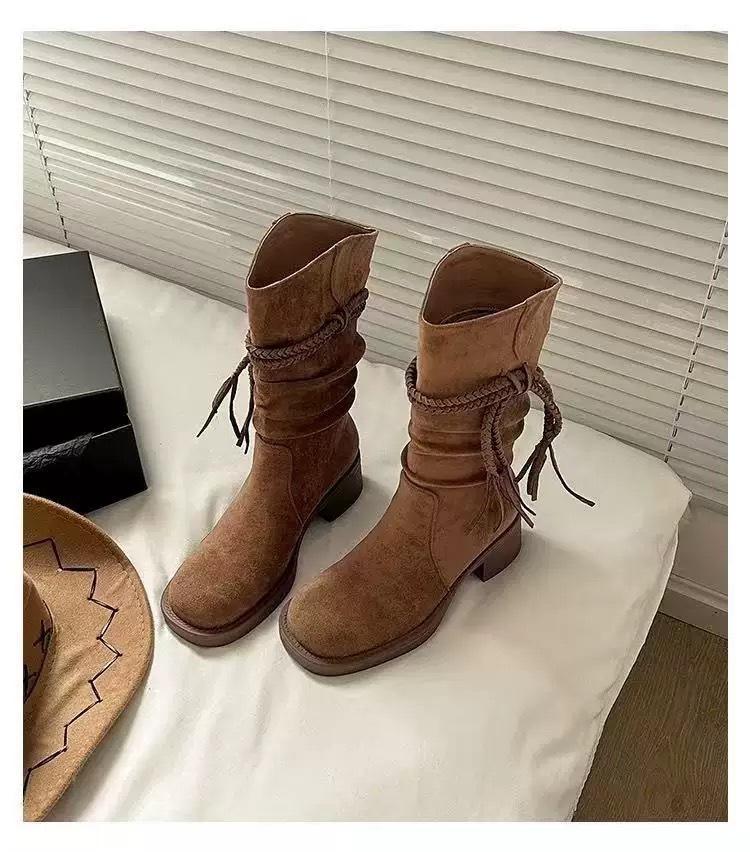 Sheepskin Retro Suede Fringed Boots Women's Knee Knight Boots Slim Wasteland Wind Tall Boots Stacking Boots