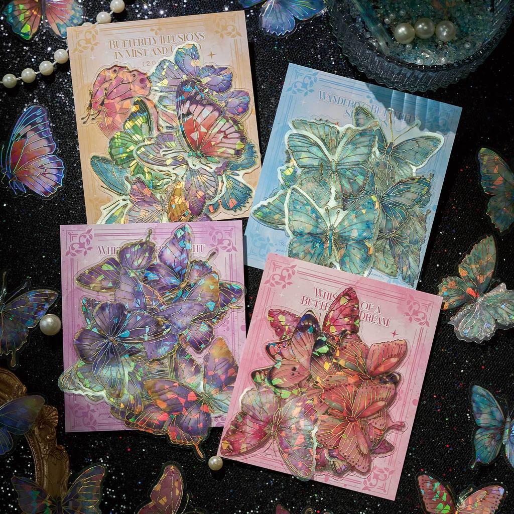 20 pcs Cold Foil Butterfly PET Stickers, Holographic Card Decor, 3D Journal Embellishments