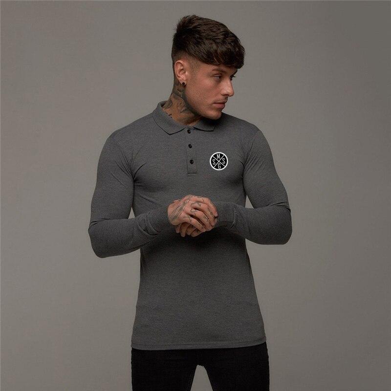 Muscleguys Модная рубашка поло для фитнеса и отдыха, хлопковая футболка с длинными рукавами, мужская весенне-осенняя рубашка с отложным воротником и принтом