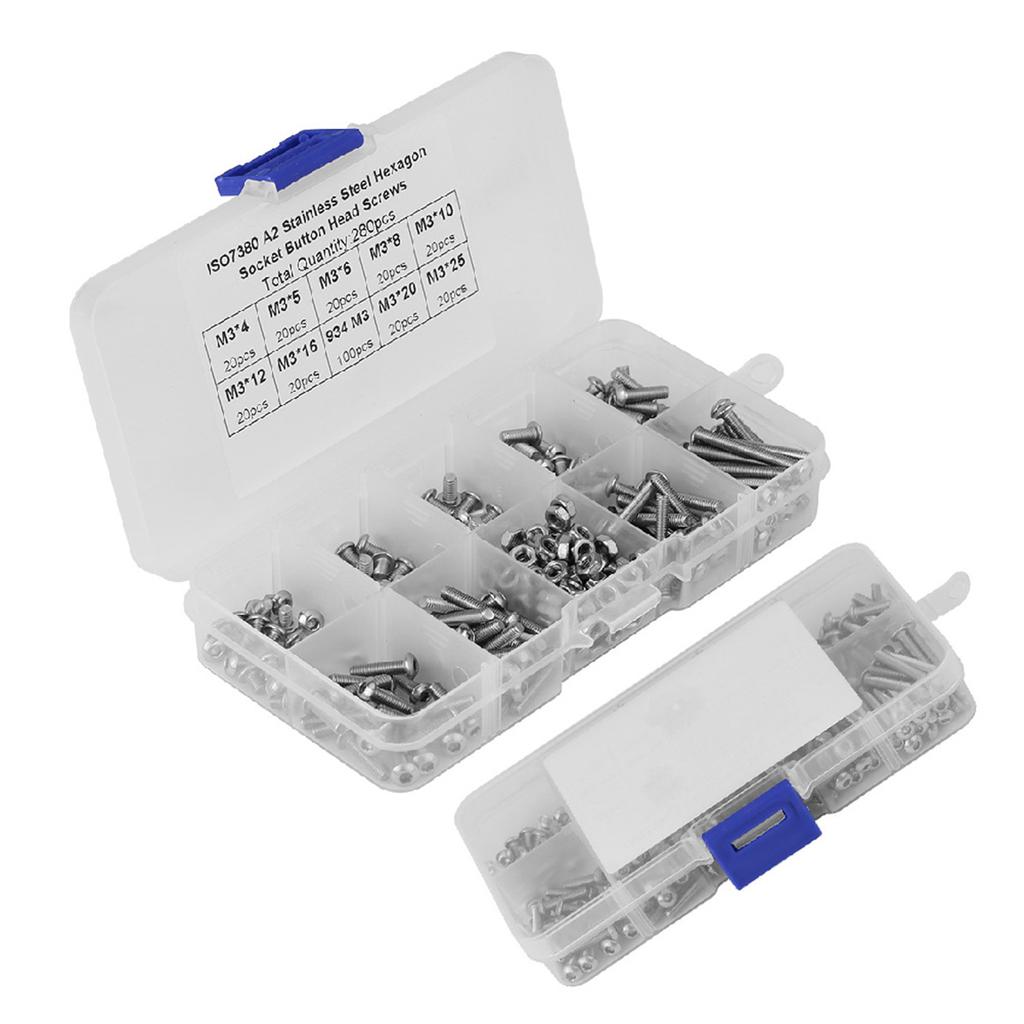 280pcs M3*4 5 6 8 10 12 16 20 25 Button Head Hex Socket Screws Nuts with Plastic Case
