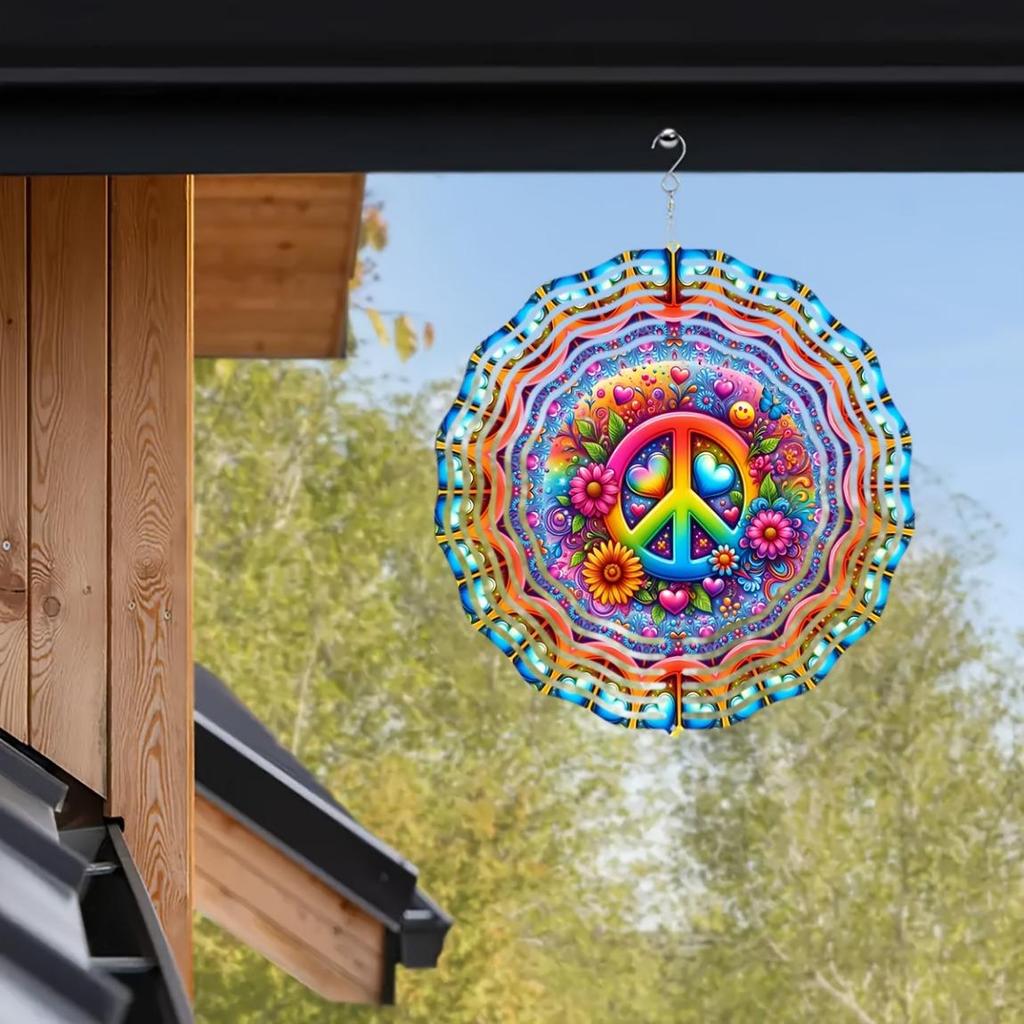 Ветряк Знак Мира 25,4 см 3D Подвесной Кинетический Декор с Вращающимся на 360 градусов Крючком Металлическое Лазерная Резка Искусство для Сада Двора Подарка
