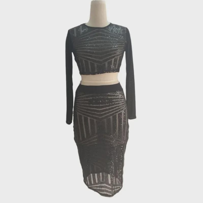 Black Sequin Mesh Contrast Two-Piece Women's Suit