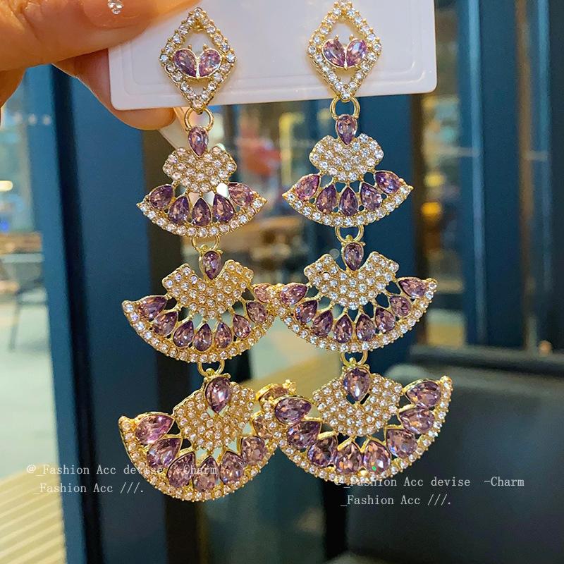 Silver needle diamond fan fringed earrings retro exaggerated temperament earrings niche light luxury high-end earrings women