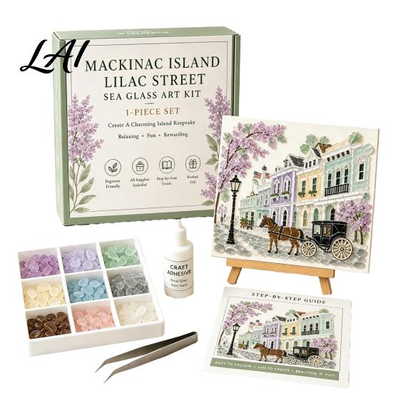 Handmade Desktop Ornaments DIY Sea Glass Mosaic Art Kit Ocean/Landscape Inspired Artwork Complete Making Tools with Colorful Pieces Craft